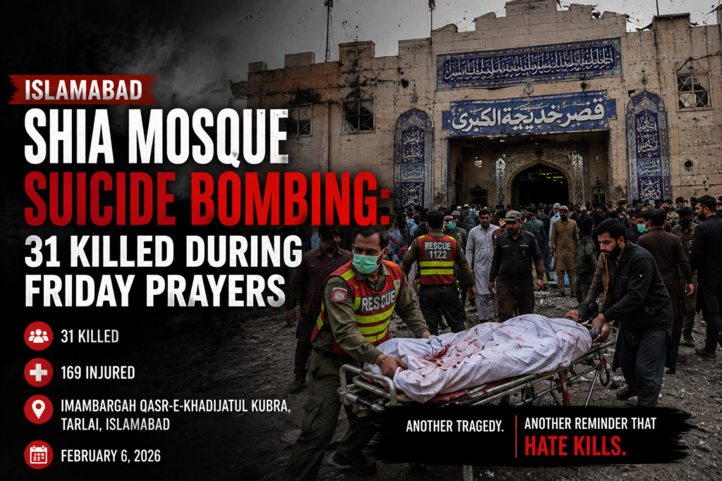 Islamabad Shia mosque suicide bombing in February 2026, news graphic showing rescue efforts and victims