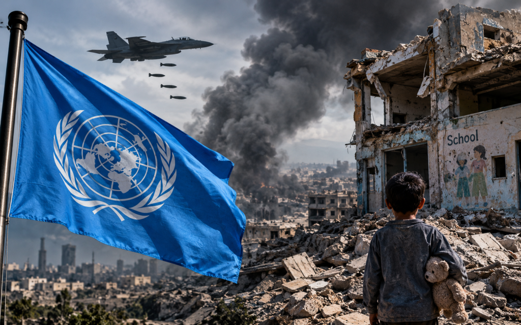 UN flag, military aircraft and damaged school building in Iran amid alleged war crimes