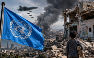 UN flag, military aircraft and damaged school building in Iran amid alleged war crimes