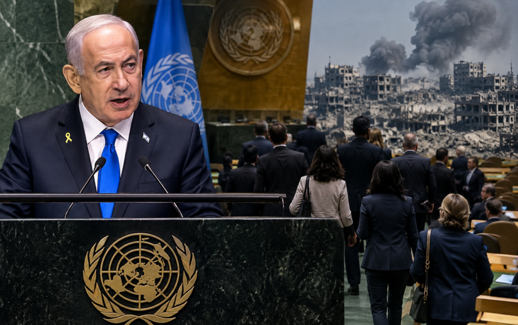 Benjamin Netanyahu speaking at the UN as delegates walk out during his Gaza war speech