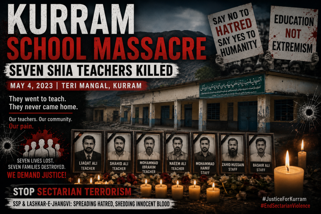 Kurram school massacre where seven Shia teachers and school staff were killed in Teri Mangal in 2023