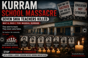 Kurram school massacre where seven Shia teachers and school staff were killed in Teri Mangal in 2023
